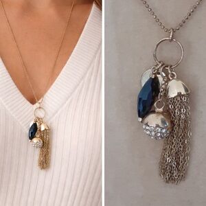 Gold Tone Tassel Pendant Necklace Blue Crystal Charm NWT (BR1313/1)